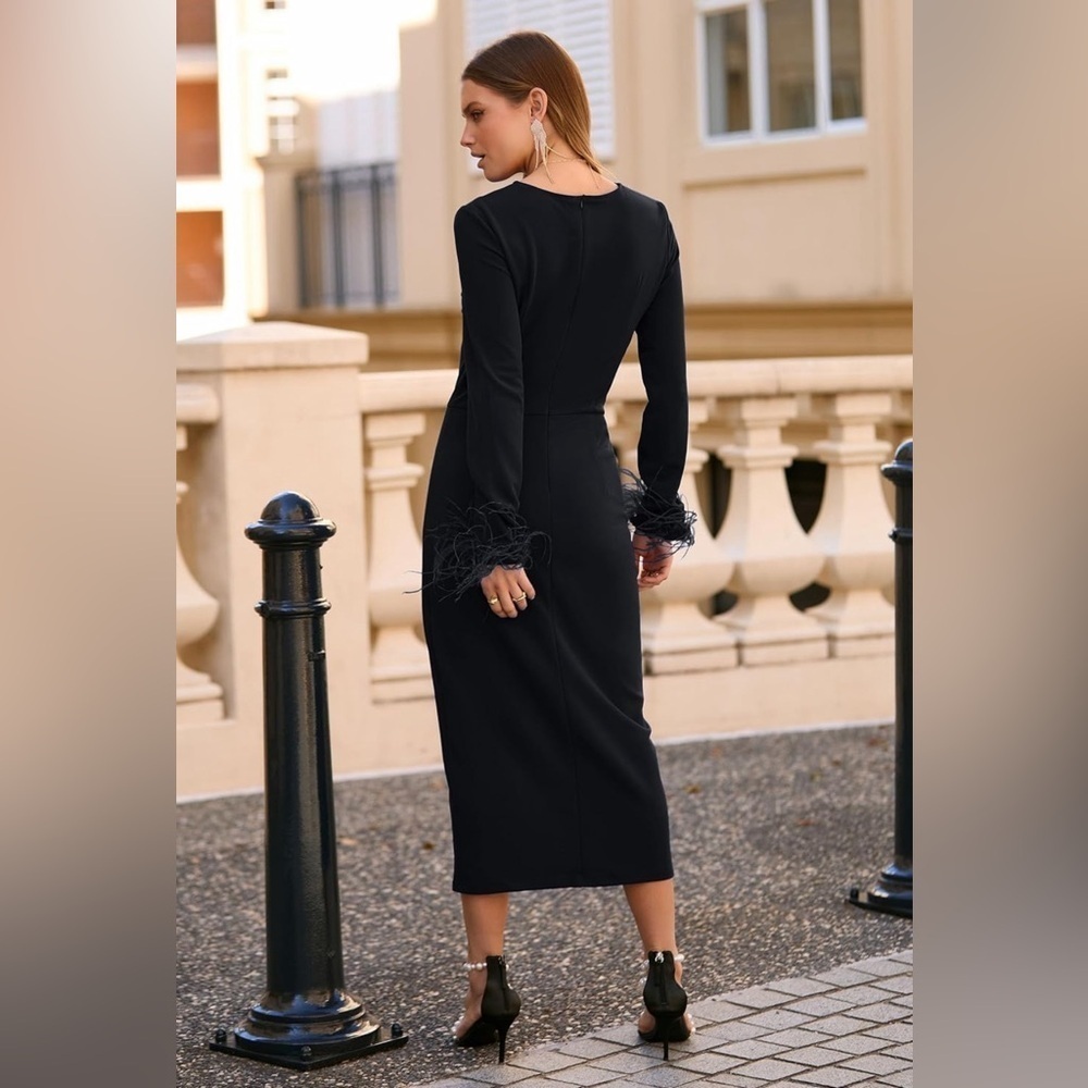 NWT- PRETTYGARDEN Feather Long Sleeve Formal Bodycon- Wrap Slit Cocktail Dress - Picture 2 of 16